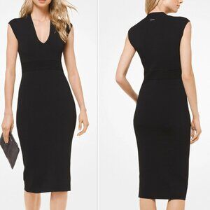 NWT Michael Kors Black Stretch Ribbed Midi Dress Bodycon Cocktail Evening Dinner